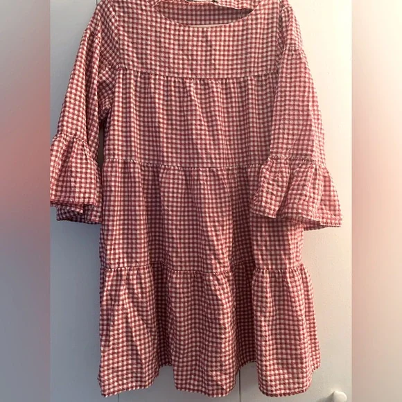open lace back dress Matilda Girls Puff Sleeve Dress Red Houndstooth Check – Busy Bees main image 0